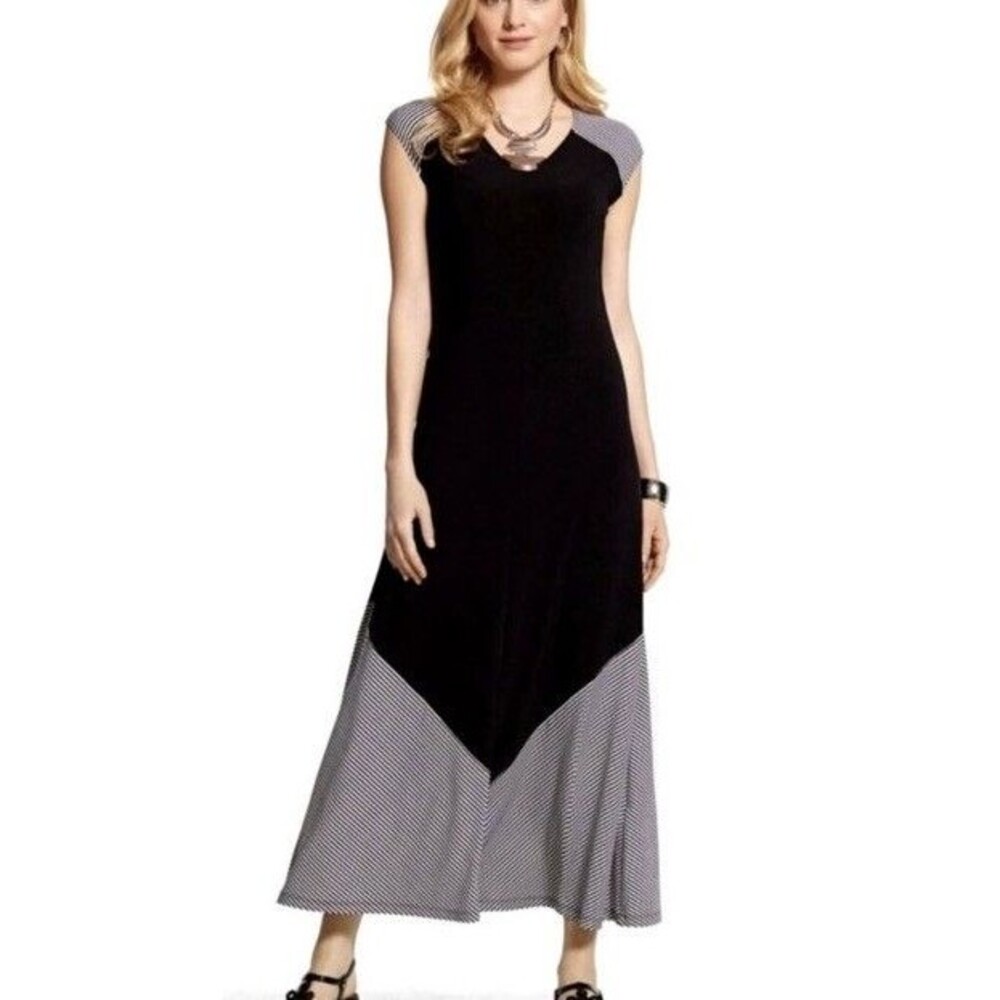 NWT Chicos Womens Maxi Dress Size XXL Black White Stripes Slinky Jersey USA Made